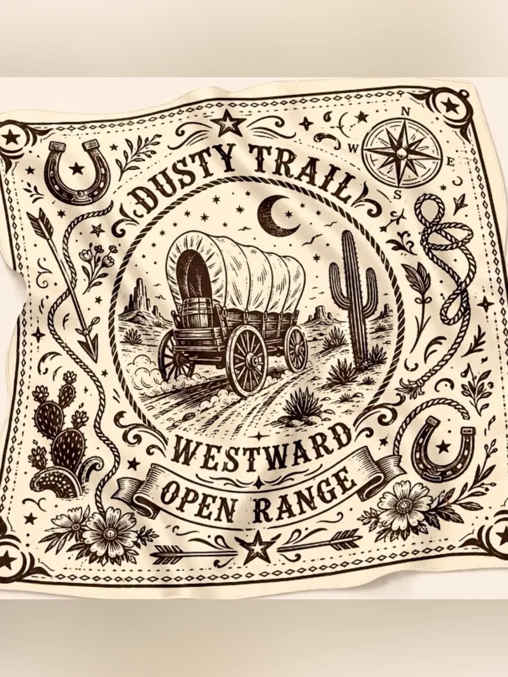 Dusty Trail Westward Open Range Cotton Bandana Scarf - Cream & Brown